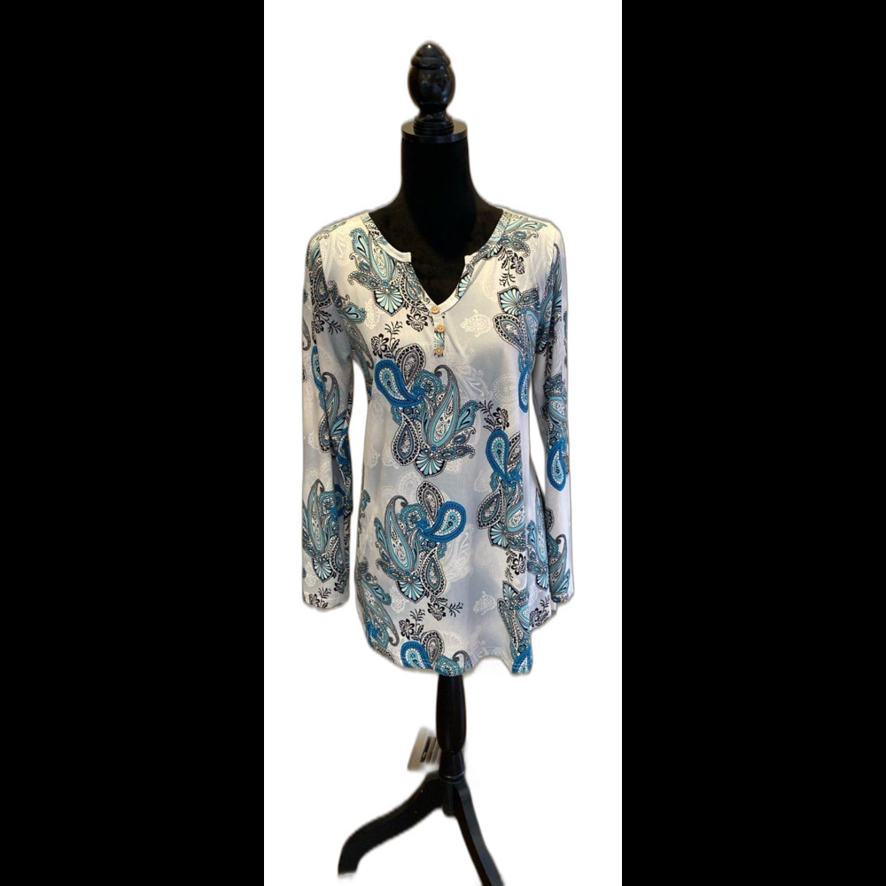 Tralilbee Blouse Top Size Large + Stretch White Turquoise Paisley‎ Long Sleeve